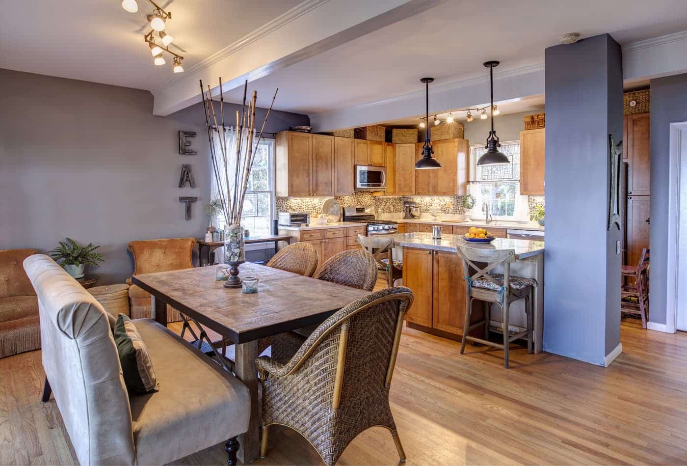 Kitchen renovation showing bright, open space and beautiful wood cabinetry